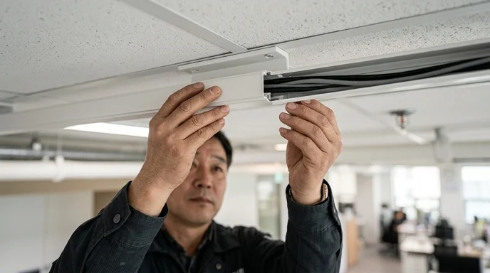 A Korean technician's hands organizing cable moldings around a ceiling bracket in a commercial space.