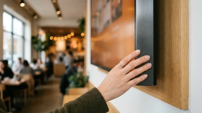 A Korean customer's hand resting on the edge of a large display on a cafe wall.