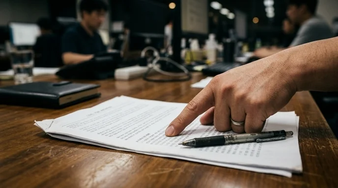 A manager's hand pointing at a printed cost estimate document on a desk next to a worn pen.