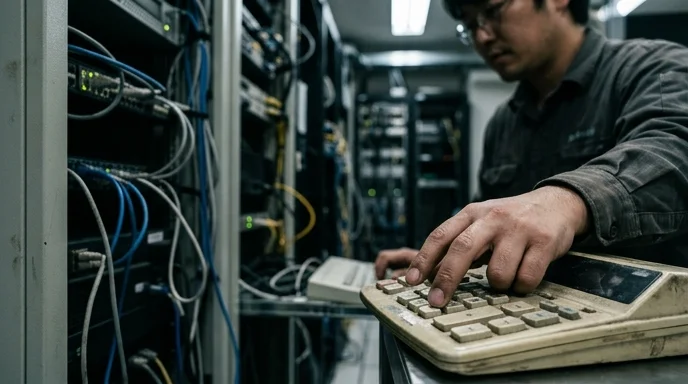 A Korean worker's hand pressing buttons on an old calculator with worn numbers next to a server rack.