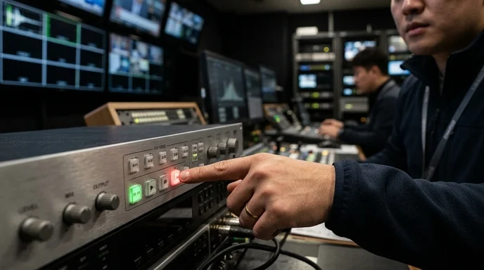 A Korean operator's hand pressing a button on an AV processor in a broadcast control room.