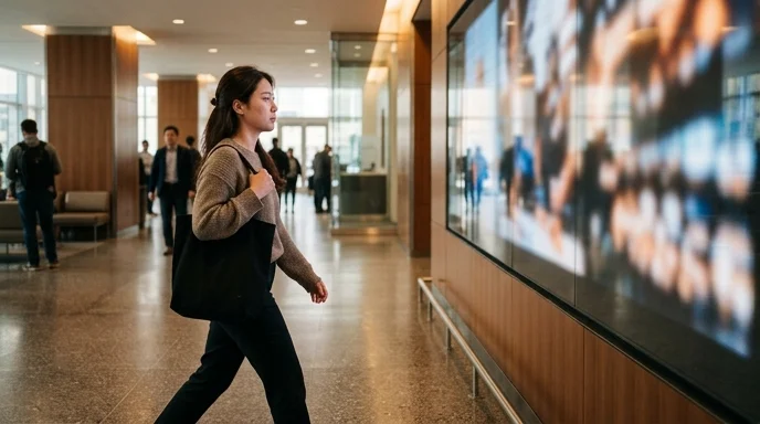 A Korean visitor walking past a large display mounted on a lobby wall, viewed from the side.