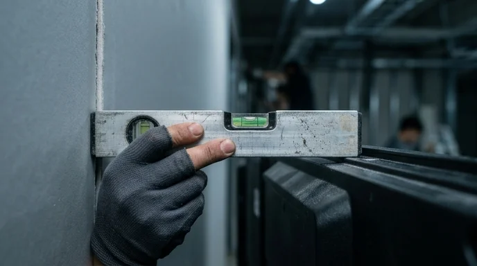 A Korean technician's hand using a worn level tool behind an LED background wall.