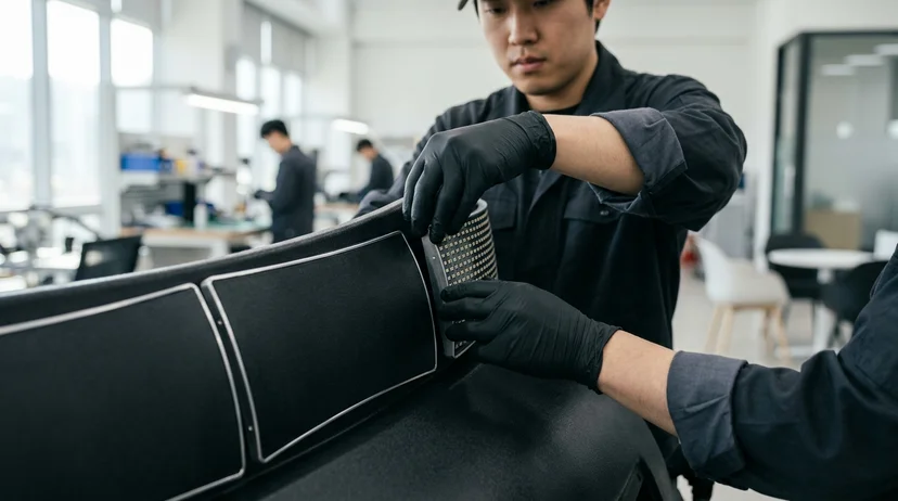 A Korean technician's gloved hands placing an LED module vertically on a curved surface.