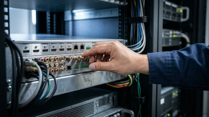 A technician's hand inspecting the rear ports of an AV processor mounted in a server rack.