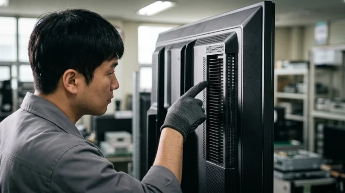 A Korean technician examining the cooling ventilation structure on the back of a vertically mounted large display.