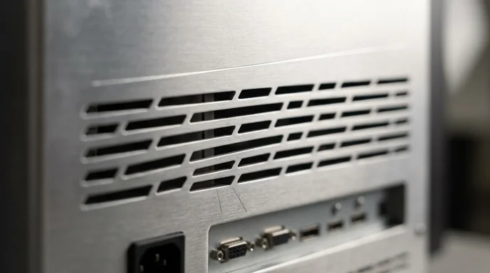 Close-up of the clean brushed aluminum rear panel of a commercial digital signage display.
