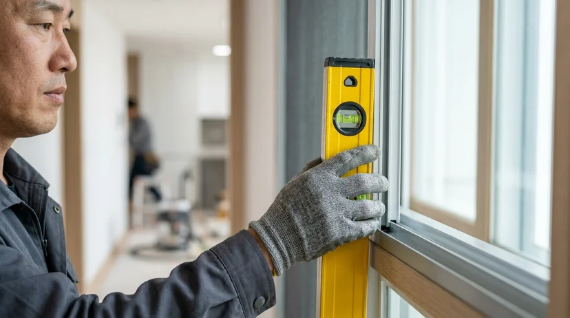 A Korean worker's gloved hand holding a yellow spirit level against a screen frame.