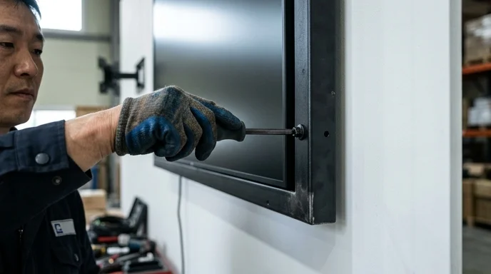 A Korean technician's gloved hand driving a bolt into the screen frame of a large display.
