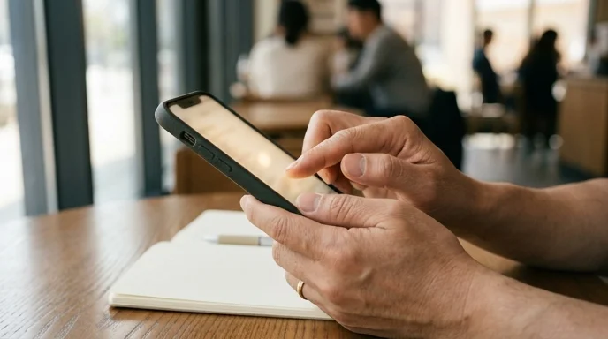 A Korean manager's hands holding a smartphone over a sleek wooden table in a cafe.