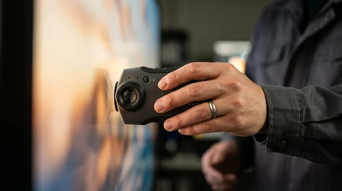 A Korean technician's hand holding a color calibration meter against a large display panel.