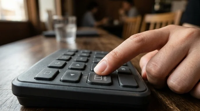 A Korean staff's finger presses a layout button on a matte plastic controller on a wooden desk.