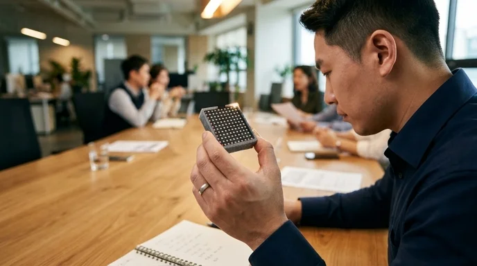 A Korean employee examining a small LED pixel module on a meeting room table, viewed over the shoulder.