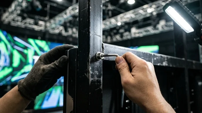 A Korean installation staff's hand tightening a hex bolt on the metal edge of an LED background wall with a wrench.