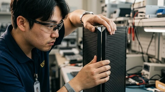 A Korean engineer carefully aligning the edges of two LED module panels side by side.