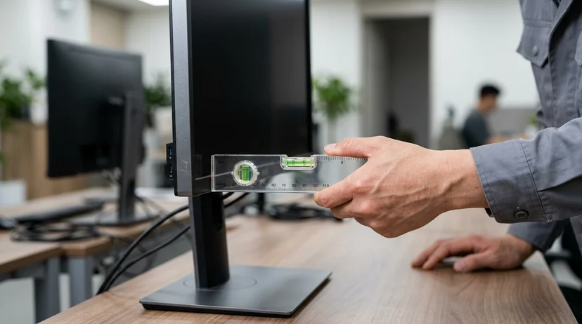A Korean technician's bare hands holding a level against a screen frame.