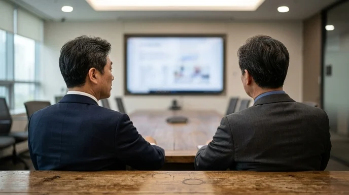 Two Korean executives sitting at a conference table facing a blurred large display.