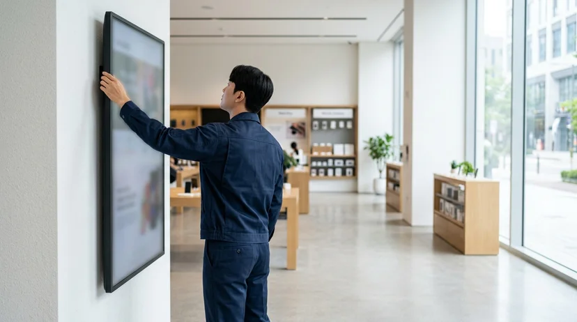 A Korean technician checking a portrait-oriented large display on a bright indoor retail wall from behind.