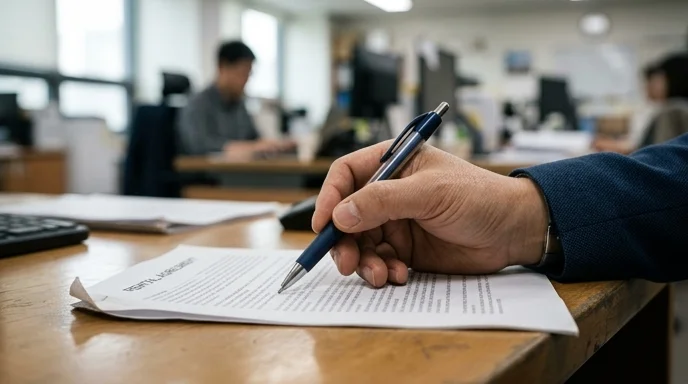 A Korean administrator's hand pointing at a rental contract with a pen on a desk.