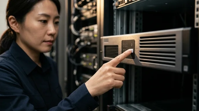 A Korean administrator's finger pressing a button on a media server in a control room rack.