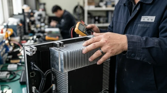 A Korean technician's hand inspecting the heat sink structure on the back of an LED cabinet.