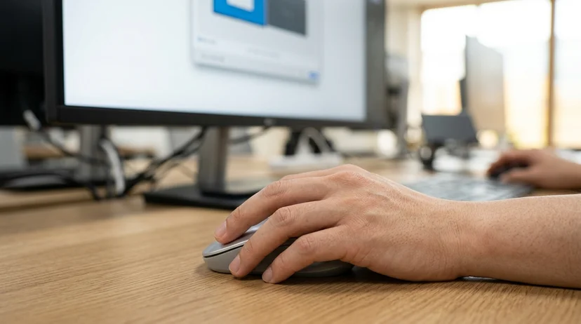 A Korean man's hand resting on a computer mouse at a desk in front of an out-of-focus large display.