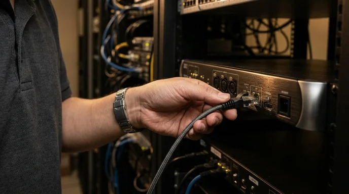 An IT administrator's hand connecting a braided cable into the metallic port of an AV processor.