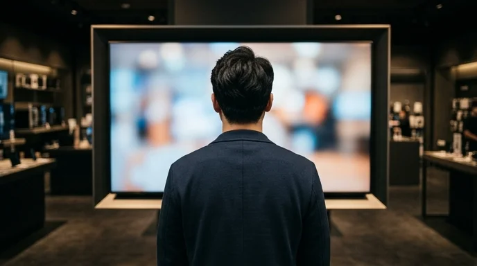 A Korean male customer looking at a large display in a dimly lit retail space, viewed from behind.