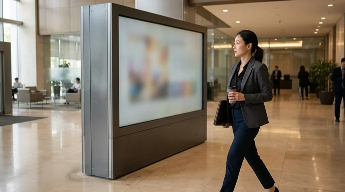 A Korean businesswoman walking past a large display in a corporate lobby.