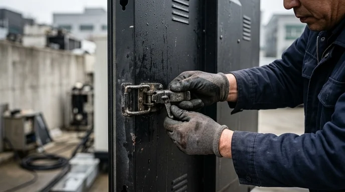 Gloved hands locking a metal latch on the back of a large display cabinet.