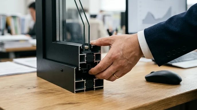 An administrator's hand examining a cross-section sample of a large display frame on a wooden desk.
