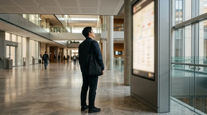 A Korean male visitor from behind looking up at a vertical digital signage in a modern indoor lobby.