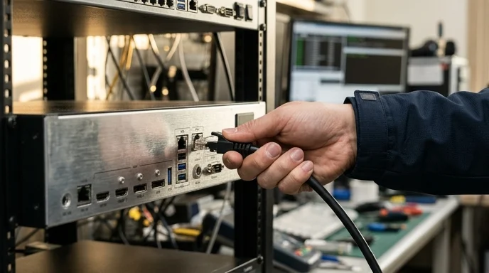 A hand plugging a thick black cable into the rear port of a controller unit.