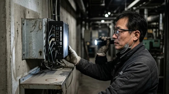 A Korean operator points a flashlight at the connection ports of a wall-mounted edge computer terminal.