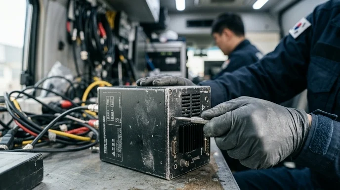 A Korean technician's gloved hand tightening a screw on the side of a video controller chassis showing light scuffs.