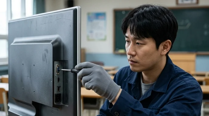 A Korean technician's gloved hand repairing the rear ports of a large display.