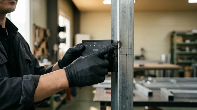 A Korean technician's gloved hands assembling a small LED module onto a metal wall frame.
