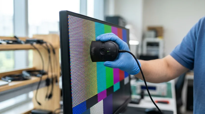 A gloved hand pressing a color calibration device against a large screen surface in bright daylight.