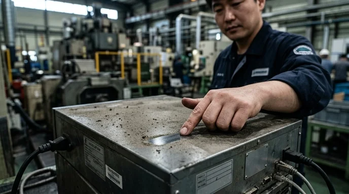 A technician's hand checks thick dust and grease on the metallic cover of a data processing unit.