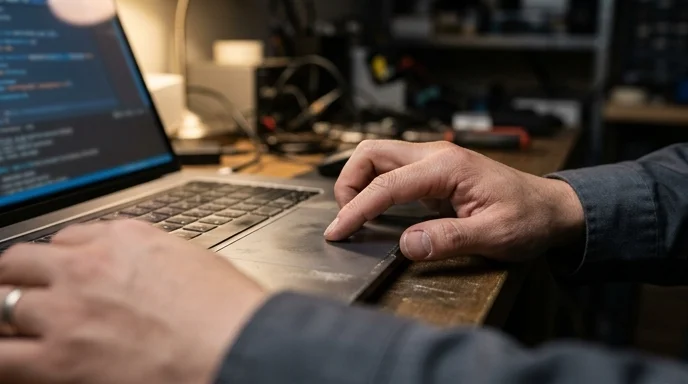 A Korean technician's hand using a laptop touchpad on a desk under soft lamp light.