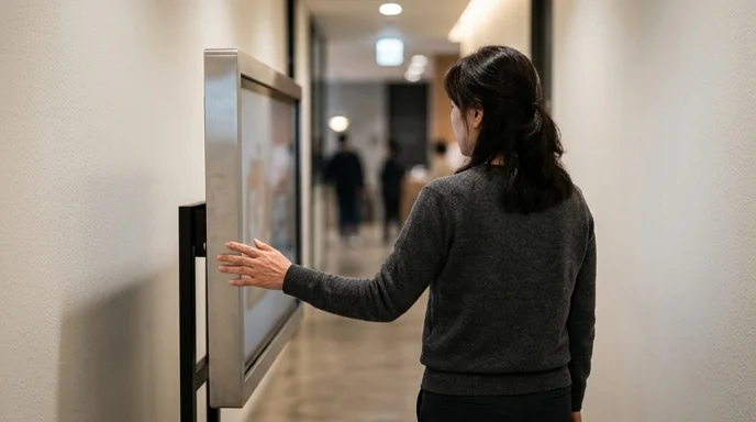 A Korean woman viewed from the back touching the side of a stand-type display frame in a narrow hallway.