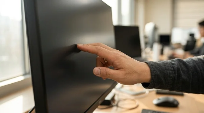 A Korean engineer's hand touching the matte surface of a large display near a window.