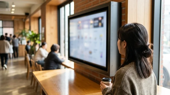 A Korean female customer looking at a large digital signage on a cafe wall from behind.