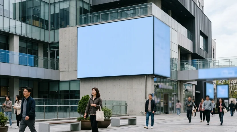 건물 외벽 상단에 직사각형 모양의 대형 옥외형 LED월이 설치되어 있으며, 전체 화면이 밝은 파란색으로 켜져 있다.