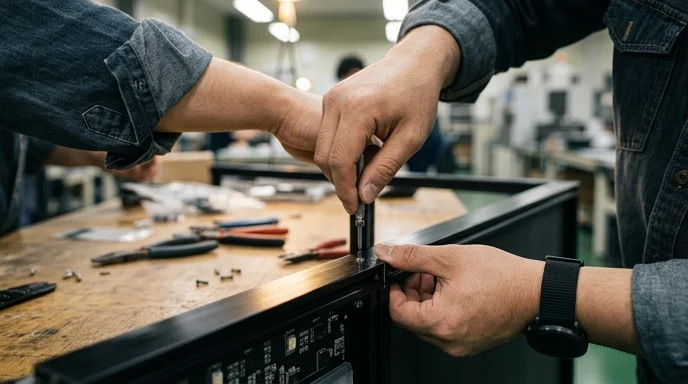 A Korean engineer's bare hands assemble an LED cabinet on a well-lit workbench catching a warm overhead light.