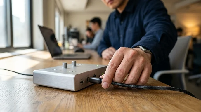 A technician's hand connecting a cable to a controller on a meeting room table.
