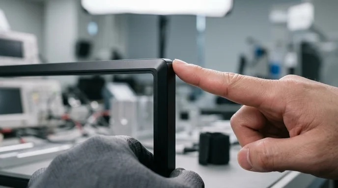 A person meticulously checks the edge finishing of a screen frame.
