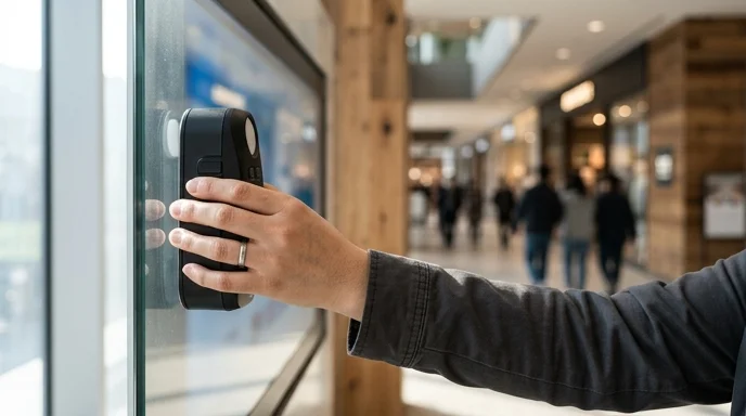 An engineer's hand holding a color calibration device against a polished glass display surface.
