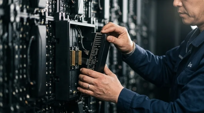 A Korean technician's two hands carefully detaching a single LED module from a large display wall.