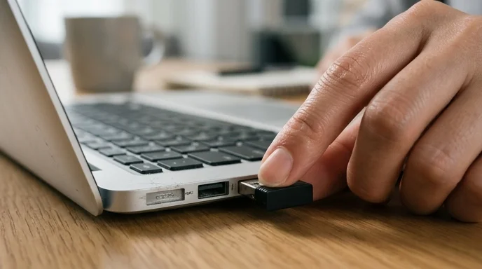 A Korean presenter's hand inserting a USB dongle into a laptop.